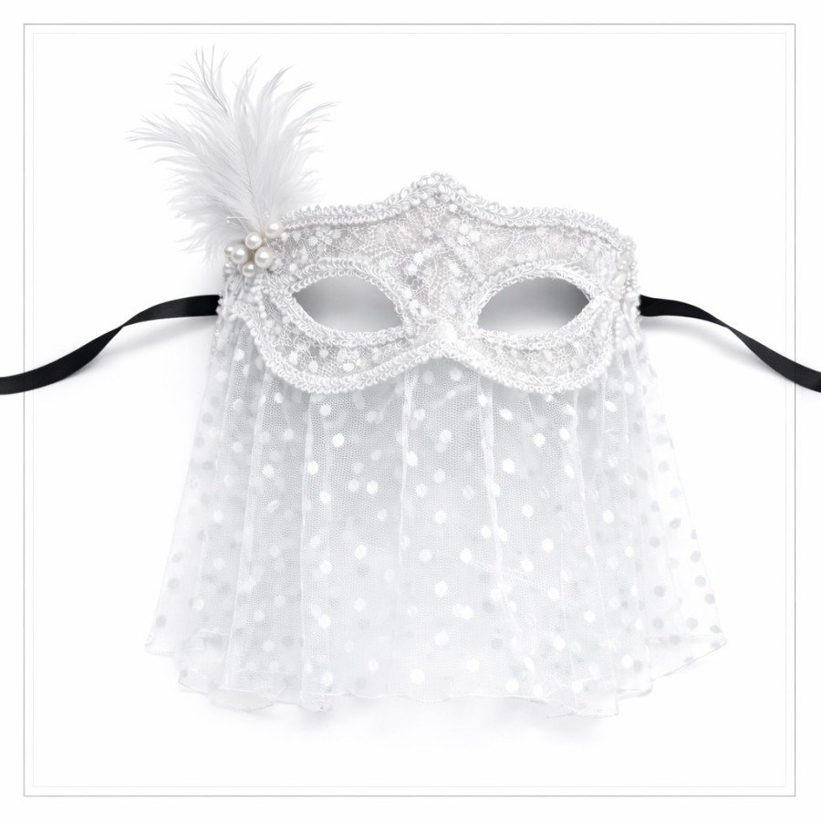 White Lace Tulle Veil Party Mask – Feathered Pearl Detail White Lace Tulle Veil Party Mask – Feathered Pearl Detail