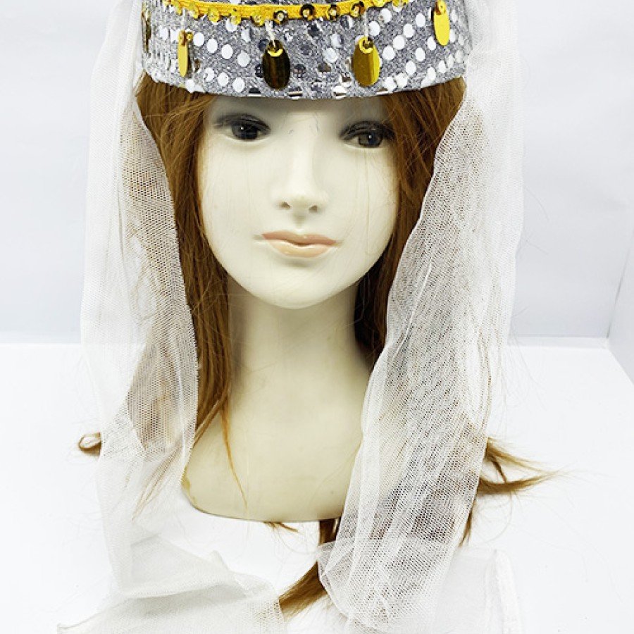 Gold Sequin Embroidered Henna Fez with White Veil Henna Hat Oriental Hat