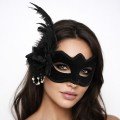 Black Suede Venetian Women s Mask with White Pearl Detail and Feathers and Roses
