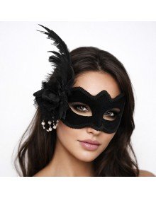 Black Suede Venetian Women's Mask with White Pearl Detail and Feathers and Roses