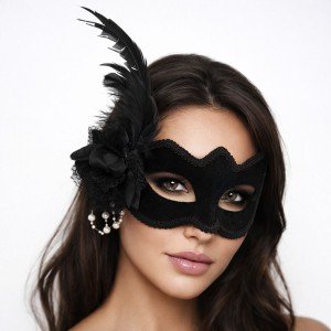 Black Suede Venetian Women's Mask with White Pearl Detail and Feathers and Roses