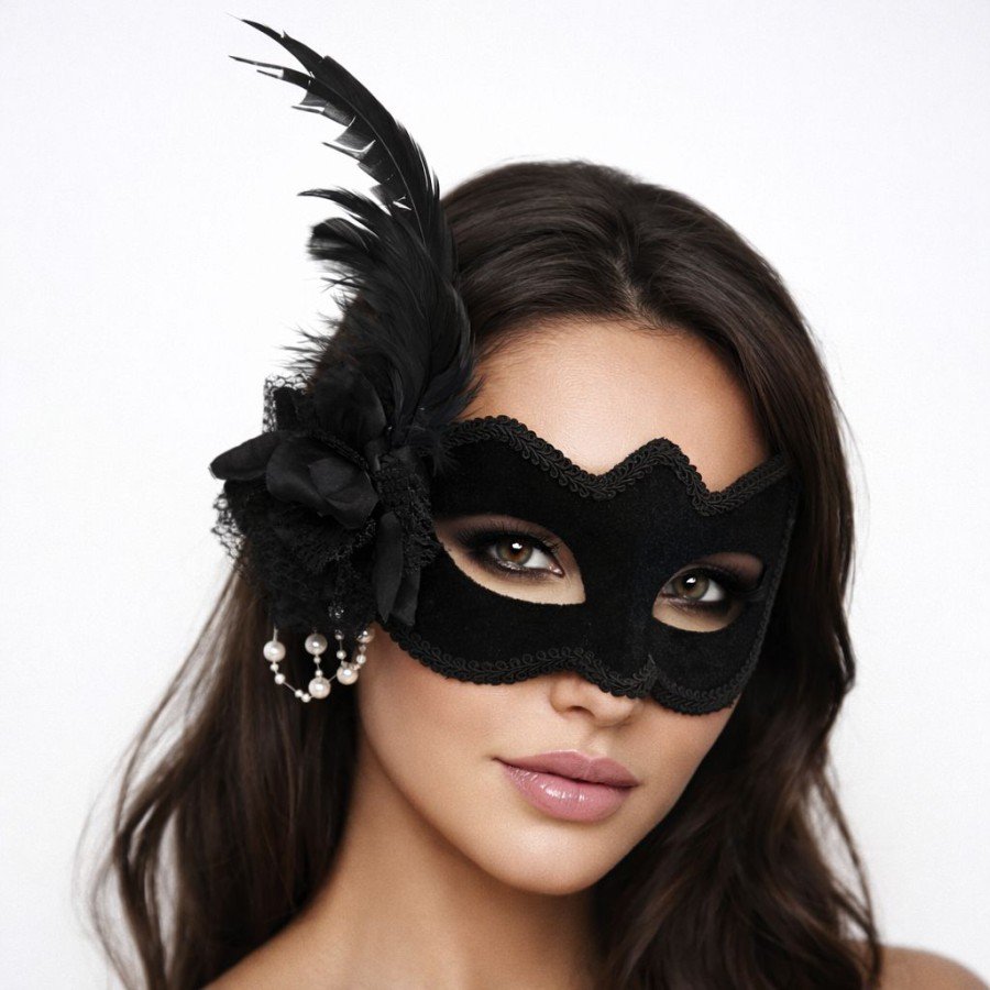 Black Suede Venetian Women s Mask with White Pearl Detail and Feathers and Roses