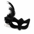 Black Suede Venetian Women s Mask with White Pearl Detail and Feathers and Roses