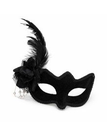 Black Suede Venetian Women's Mask with White Pearl Detail and Feathers and Roses
