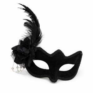 Black Suede Venetian Women's Mask with White Pearl Detail and Feathers and Roses