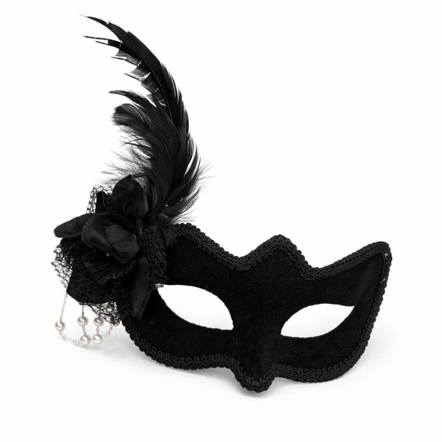 Black Suede Venetian Women s Mask with White Pearl Detail and Feathers and Roses