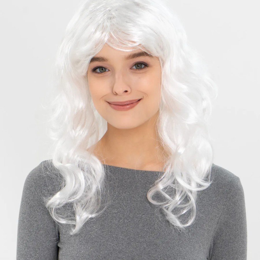 White Color Wavy Long Party Wig with Bangs