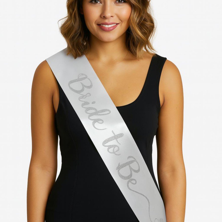 Handwritten Italic Silver Bride To Be Sash on White Satin 10 cm Width