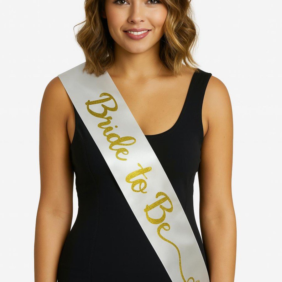 Handwritten Italic Gold Bride To Be Sash on White Satin 10 cm Width Handwritten Italic Gold Bride To Be Sash on White Satin 10 cm Width
