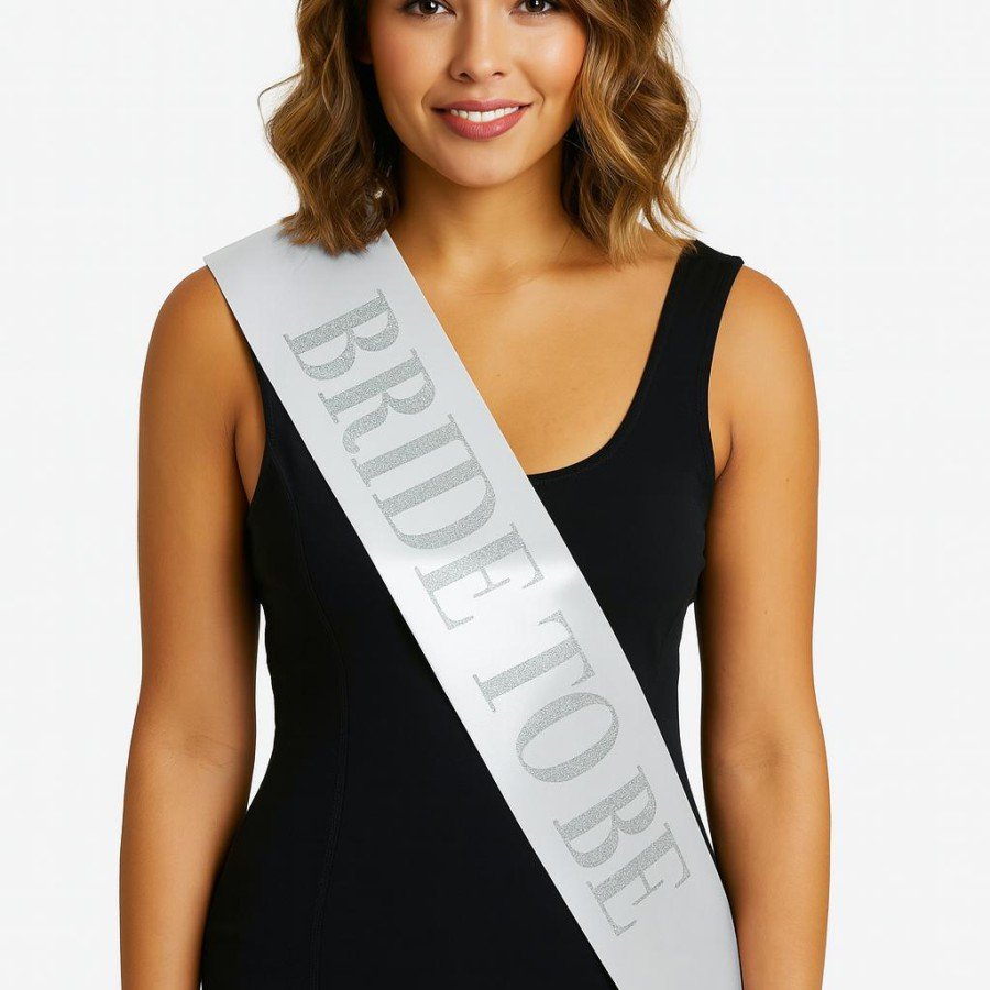 Bride To Be Sash with Thick Silver Writing on White Satin 10 cm Width