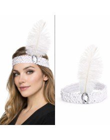 Retro Charleston Headband with White Feathers - 70-80-90's Party Crown