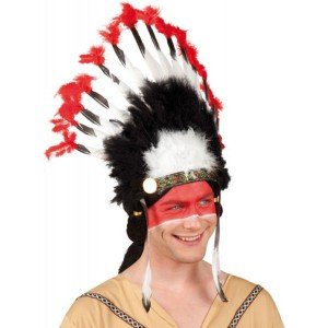 Black Red Large Indian Indian Headgear with White Feathers