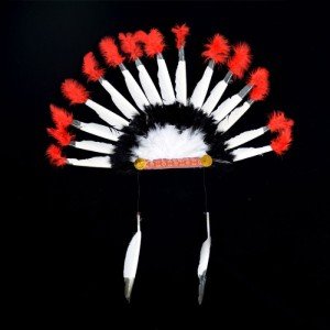 Black Red Large Indian Indian Headgear with White Feathers