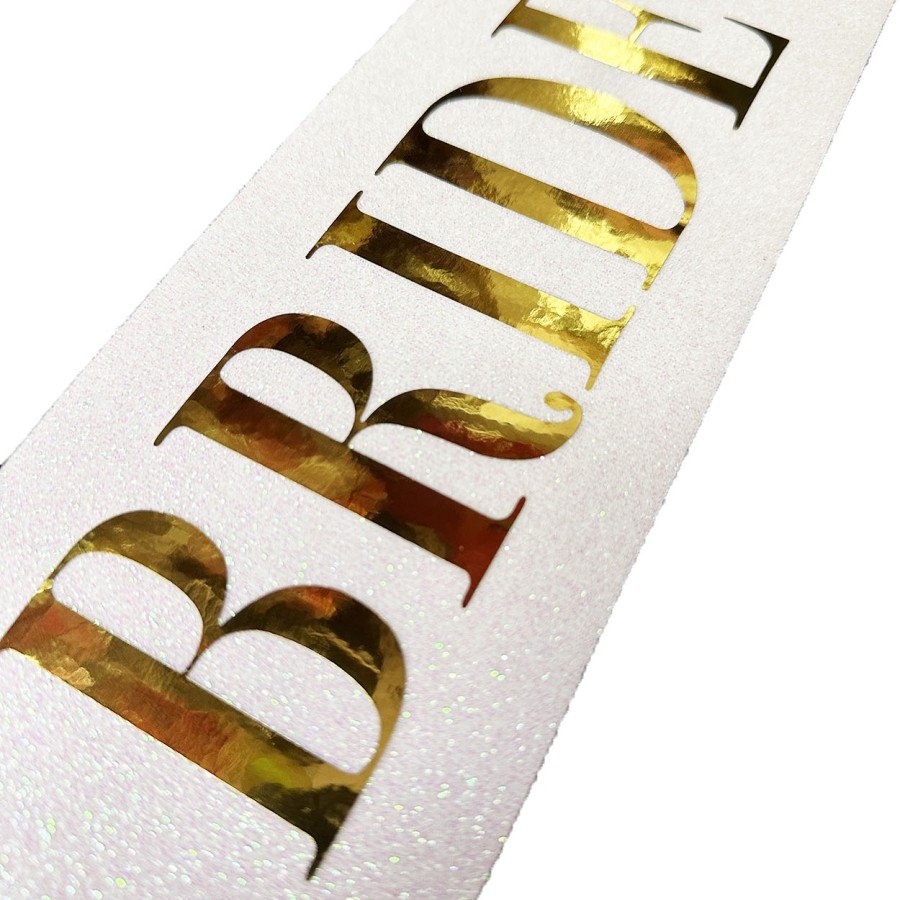 Gold on White with Great Bride To Be Written, Glittering, Sparkling Sash Belt 10 cm Width Gold on White with Great Bride To Be Written, Glittering, Sparkling Sash Belt 10 cm Width