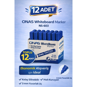 ONAS Whiteboard Marker NS-603 Blue Board Marker 3 mm Round Tip 12 Pcs ONAS Whiteboard Marker NS-603 Blue Board Marker 3 mm Round Tip 12 Pcs