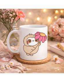 Porcelain Mug Designed with a Sloth Holding a Flower MODEL 107 – Cute Coffee Cup, Gift & Decorative Mug