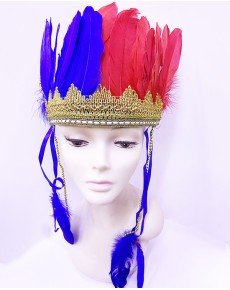 Burgundy Blue Color Feathered Indian Headdress | Fan Title