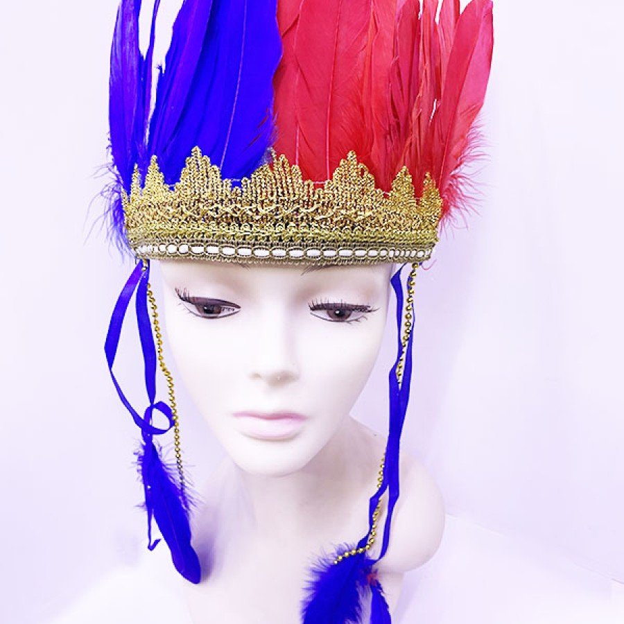 Burgundy Blue Color Feathered Indian Headdress | Fan Title