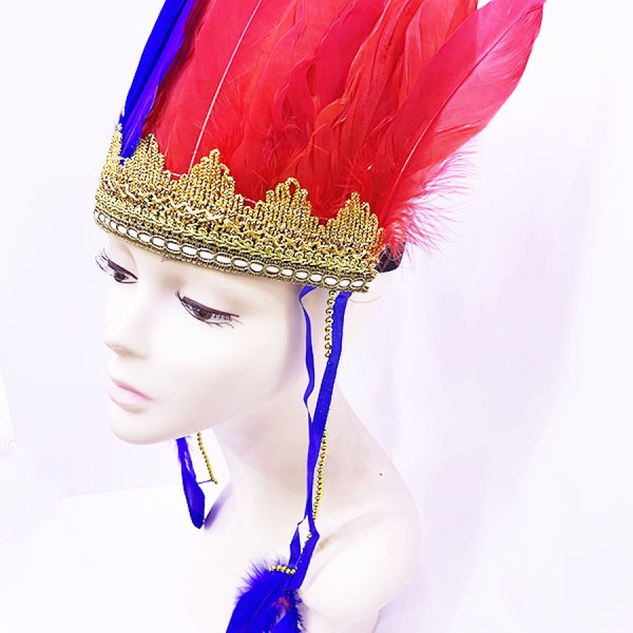 Burgundy Blue Color Feathered Indian Headdress | Fan Title