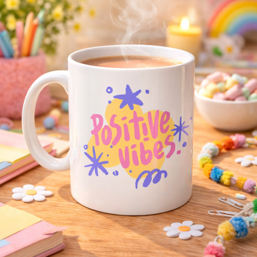 Positive Vibes Porcelain Mug MODEL 138 – Colorful Design Motivation Cup – Coffee & Tea Cup That Gives Positive Energy