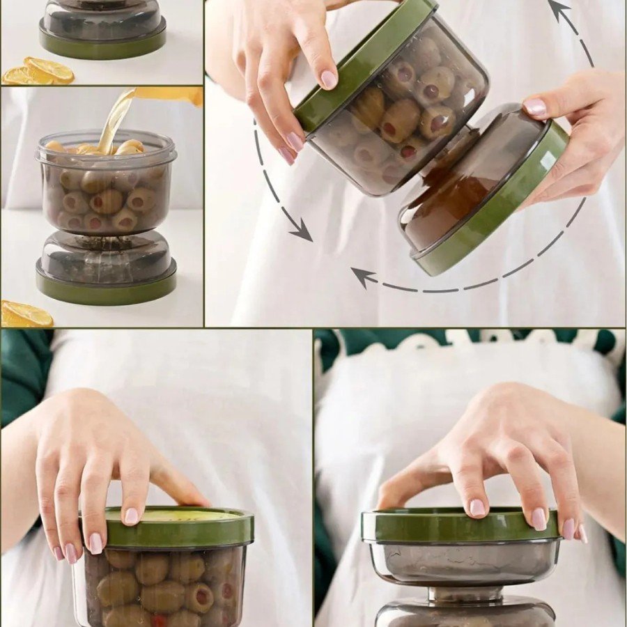 Double Sided Filtered Olive Bowl with Lid - Water Filtered Olive Pickle Storage Container