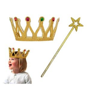 Child Size Queen Princess Crown and Star Fairy Wand Gold Color Child Size Queen Princess Crown and Star Fairy Wand Gold Color