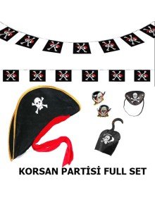 Children's Pirate Hat + Hook + Eye Patch + 2 Rings + Banner Set