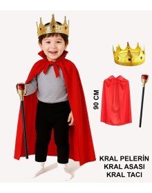 Child King Costume Set – Red Cloak, Crown and Scepter (90 cm)