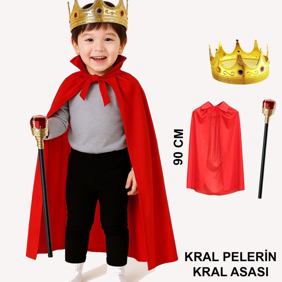 Child King Costume Set – Red Cloak, Crown and Scepter (90 cm)