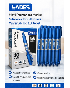Lades Blue Permanent Marker Indelible Box Pen Round Tip 10 Pcs