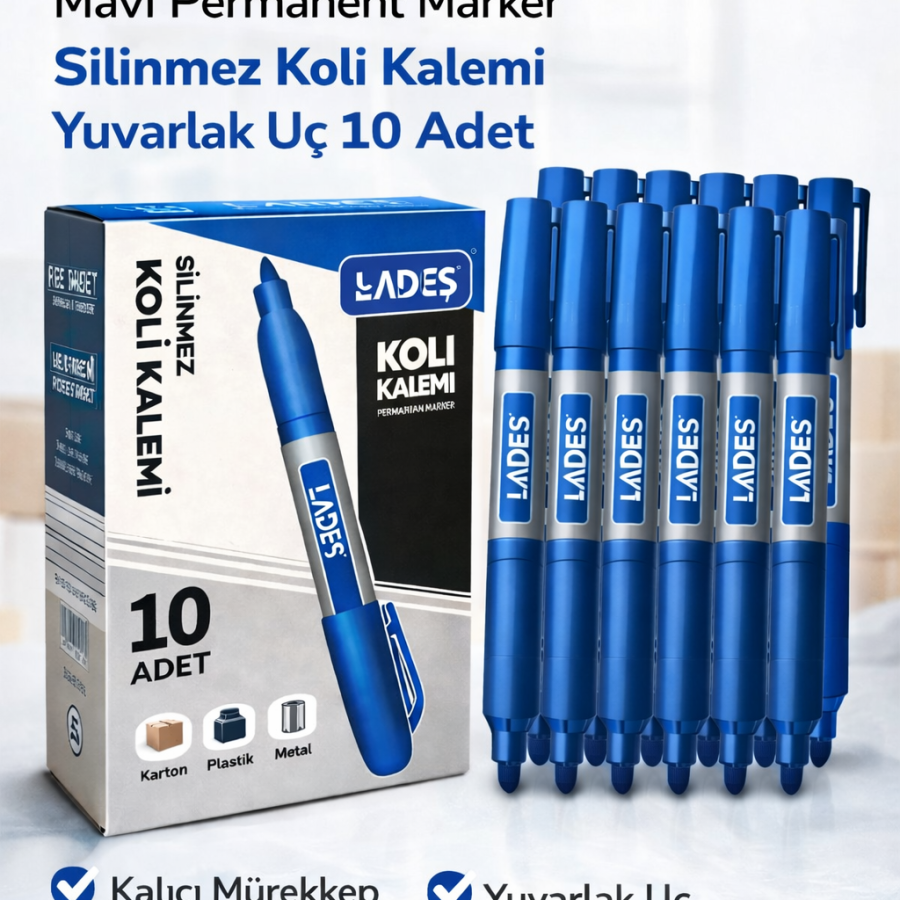 Lades Blue Permanent Marker Indelible Box Pen Round Tip 10 Pcs