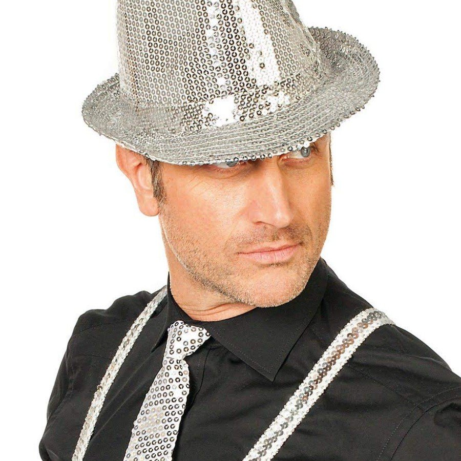 Disco Star Silver Sequined Fedora Hat Adult Size Disco Star Silver Sequined Fedora Hat Adult Size