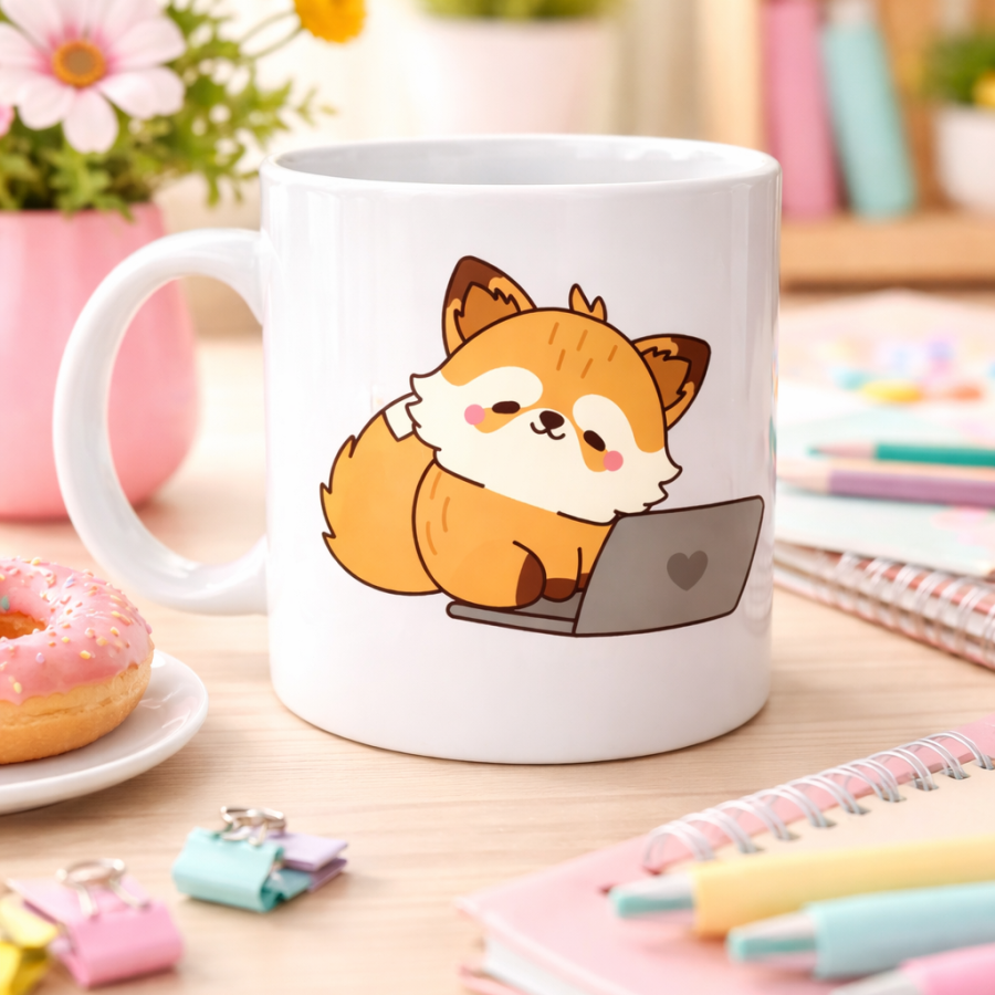Porcelain Mug with Cute Fox Design MODEL 115 – Coffee Cup with Laptop and Sweet Fox Figure for Office & Home Use Porcelain Mug with Cute Fox Design MODEL 115 – Coffee Cup with Laptop and Sweet Fox Figure for Office & Home Use