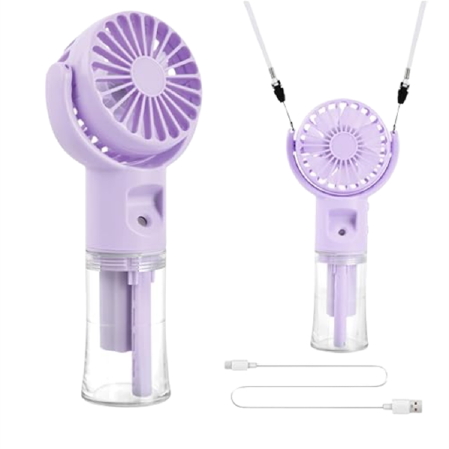 Rotating Water Mist Handheld Fan – 4 Stage Wind, Transparent Water Reservoir, Quiet Operation Rotating Water Mist Handheld Fan – 4 Stage Wind, Transparent Water Reservoir, Quiet Operation