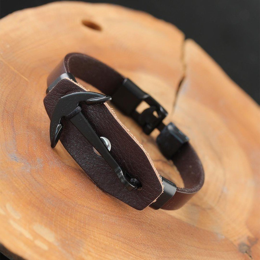 Brown Leather Men s Bracelet with Black Sea Anchor and Steel Accessories Brown Leather Men s Bracelet with Black Sea Anchor and Steel Accessories