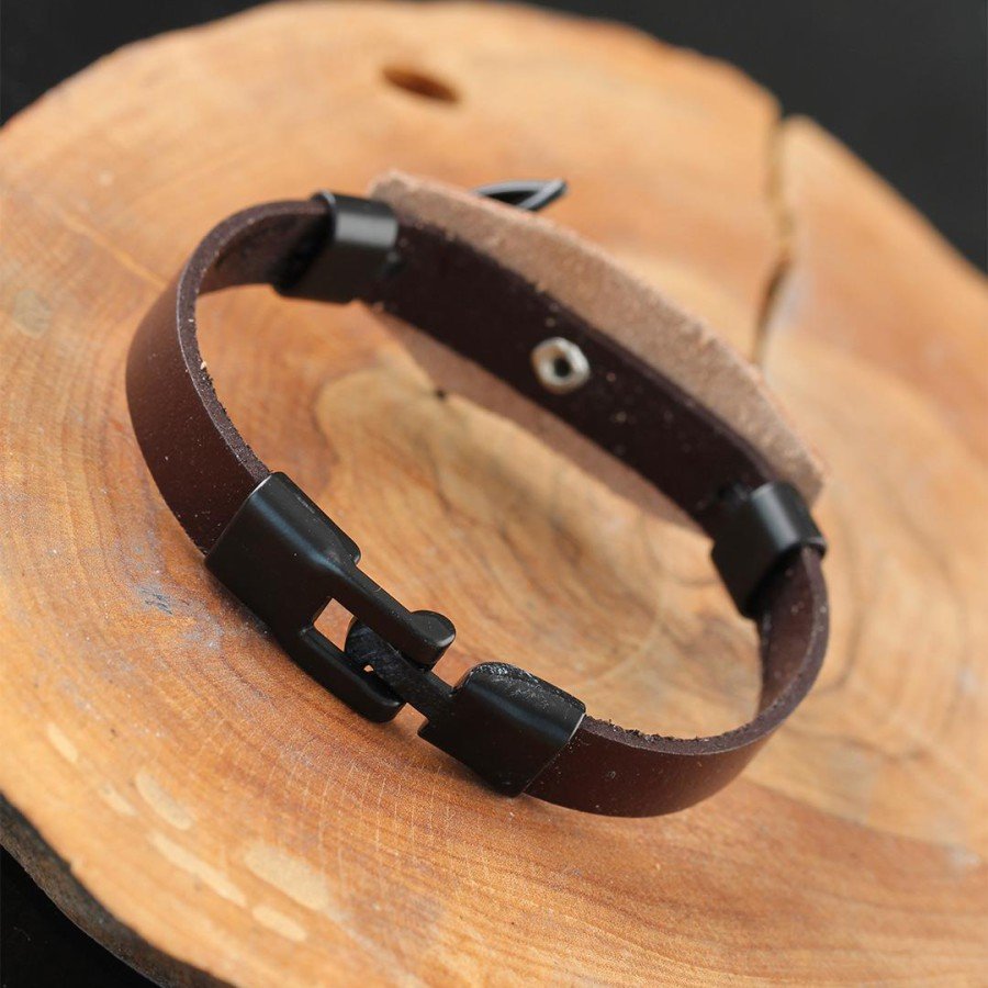 Brown Leather Men s Bracelet with Black Sea Anchor and Steel Accessories Brown Leather Men s Bracelet with Black Sea Anchor and Steel Accessories
