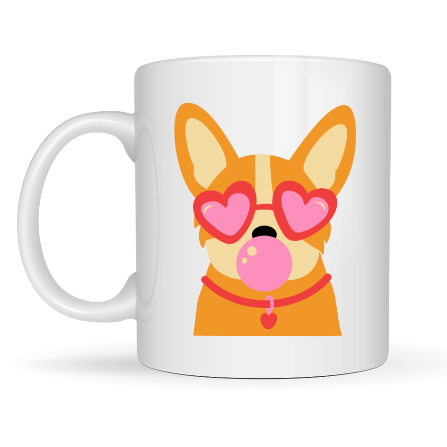 Cute Corgi Patterned Porcelain Mug Model 44 – Dog with Heart and Glasses Design, Fun & Gift Idea