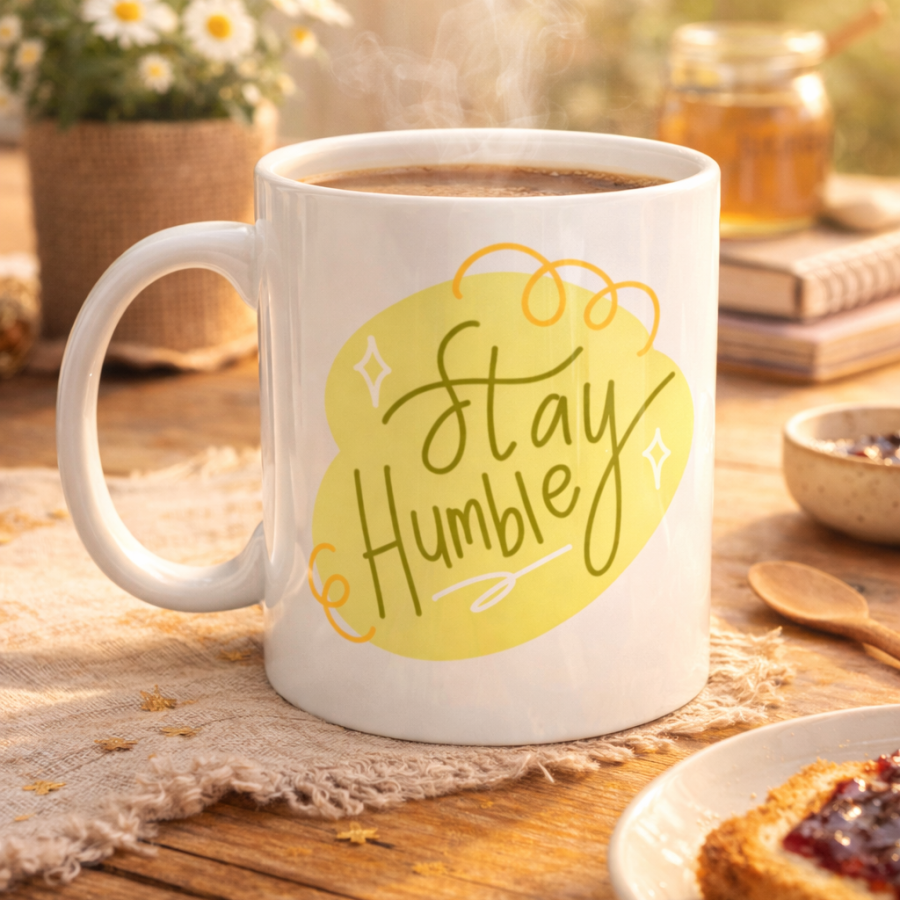 Stay Humble Porcelain Mug MODEL 129 – Minimal Motivation Cup, Stylish Design, Daily Coffee & Tea Cup