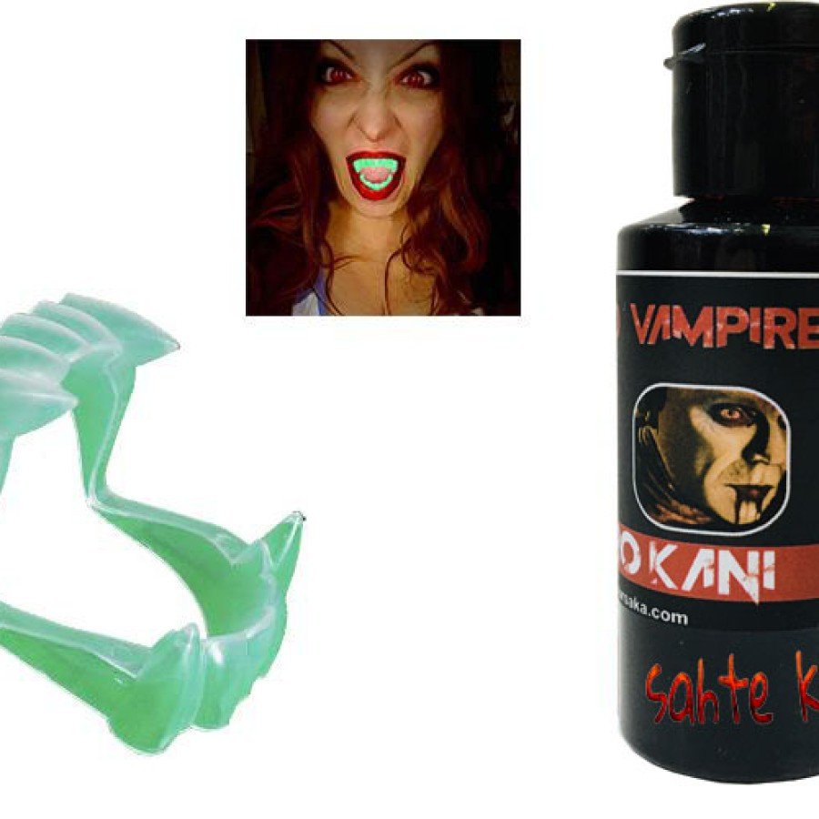 Phosphorescent Double Palate False Vampire Fang and 50g Theater Blood Phosphorescent Double Palate False Vampire Fang and 50g Theater Blood