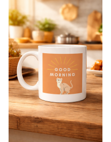Good Morning Cat Patterned Porcelain Mug MODEL 72 – Cute Cat Figure, Coffee & Tea Cup, Gift Porcelain Cup