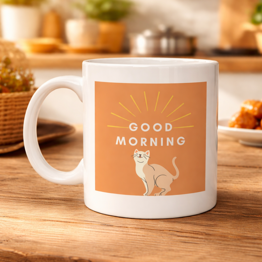 Good Morning Cat Patterned Porcelain Mug MODEL 72 – Cute Cat Figured, Coffee & Tea Cup, Gift Porcelain Cup