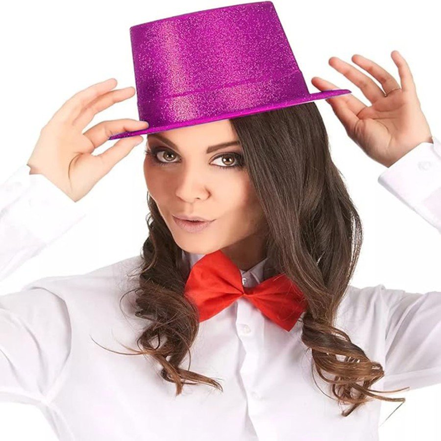 Fuchsia Pink Color Glittering Silvery Trilby Top Party Hat