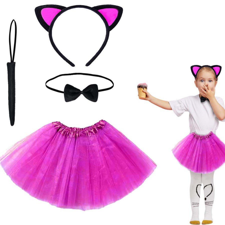 Fuchsia Color Skirt Cat Costume Set (Tutu, Crown, Bow Tie, Tail)