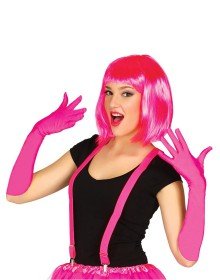 Fuchsia Color Satin Long Gloves and Blunt Party Wig
