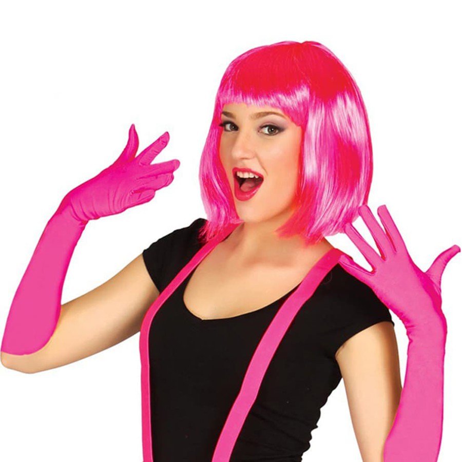 Fuchsia Color Satin Long Gloves and Blunt Party Wig