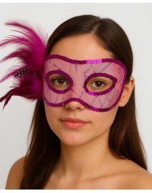 Fuchsia Color Sequin Embroidered Party Mask with Feathers on the Side 23x12 cm