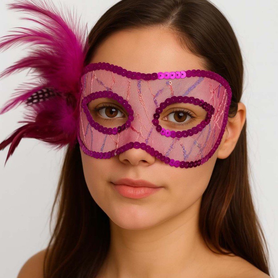 Fuchsia Color Sequin Embroidered Party Mask with Feathers on the Side 23x12 cm