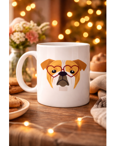 English Bulldog Designed Porcelain Mug with Heart Glasses Model 52 – Cute Dog Patterned Coffee & Tea Cup