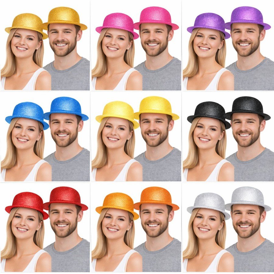 Glitter Silvery Bowler Hat Set of 9 - 9 Color Party and Costume Hats