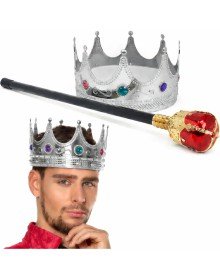 Silver King Crown Royal Crown 60 cm and King Scepter Set with Red Knob